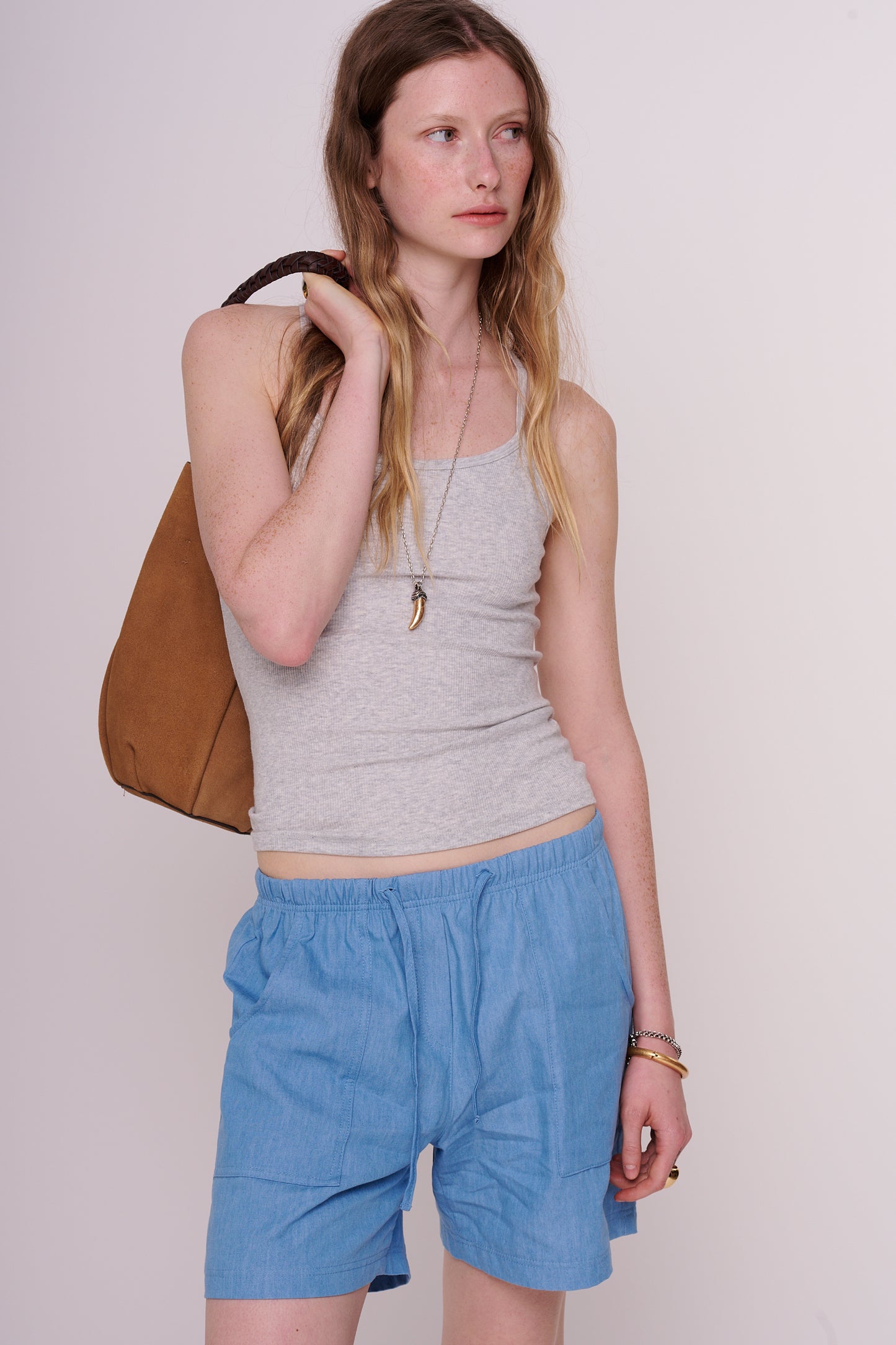 cotton denim straight shorts